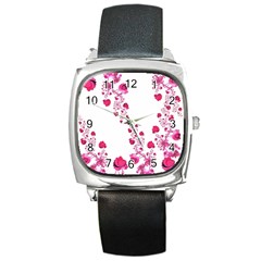 Abstract Pink Roses On White Square Metal Watch by SpinnyChairDesigns