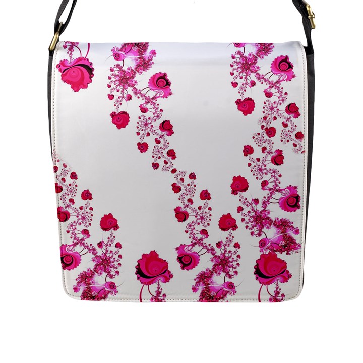 Abstract Pink Roses on White Flap Closure Messenger Bag (L)