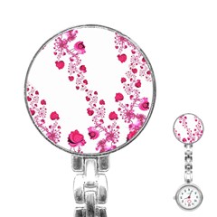 Abstract Pink Roses On White Stainless Steel Nurses Watch by SpinnyChairDesigns