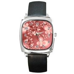 Tea Rose Colored Floral Pattern Square Metal Watch by SpinnyChairDesigns