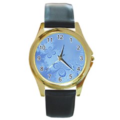 Light Blue Intricate Swirls Pattern Round Gold Metal Watch by SpinnyChairDesigns