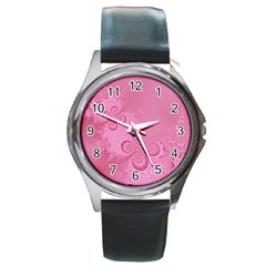 Pink Intricate Swirls Pattern Round Metal Watch by SpinnyChairDesigns