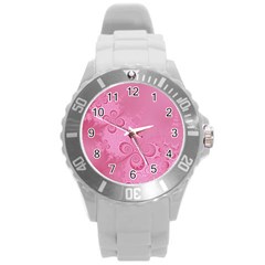 Pink Intricate Swirls Pattern Round Plastic Sport Watch (l) by SpinnyChairDesigns