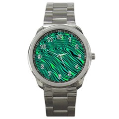 Black And Green Abstract Stripes Pattern Sport Metal Watch by SpinnyChairDesigns