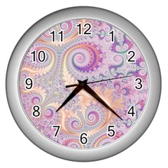 Pastel Pink Intricate Swirls Spirals  Wall Clock (silver) by SpinnyChairDesigns