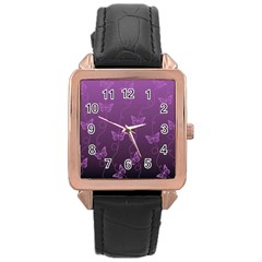 Purple Butterflies Pattern Rose Gold Leather Watch  by SpinnyChairDesigns