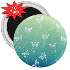 White Butterflies On Blue And Light Green 3  Magnets (10 Pack)  by SpinnyChairDesigns