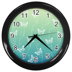 White Butterflies On Blue And Light Green Wall Clock (black) by SpinnyChairDesigns