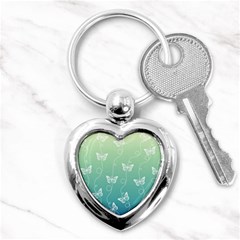 White Butterflies On Blue And Light Green Key Chain (heart) by SpinnyChairDesigns