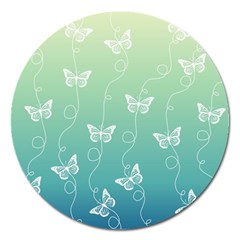 White Butterflies On Blue And Light Green Magnet 5  (round) by SpinnyChairDesigns