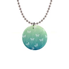 White Butterflies On Blue And Light Green 1  Button Necklace by SpinnyChairDesigns