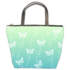 White Butterflies On Blue And Light Green Bucket Bag by SpinnyChairDesigns