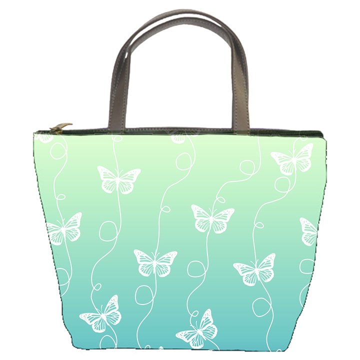 White Butterflies on Blue and Light Green Bucket Bag