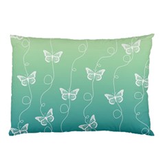 White Butterflies On Blue And Light Green Pillow Case by SpinnyChairDesigns