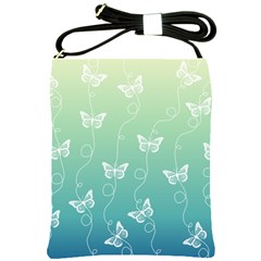 White Butterflies On Blue And Light Green Shoulder Sling Bag by SpinnyChairDesigns