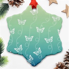 White Butterflies On Blue And Light Green Ornament (snowflake) by SpinnyChairDesigns