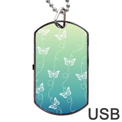 White Butterflies On Blue And Light Green Dog Tag Usb Flash (two Sides) by SpinnyChairDesigns