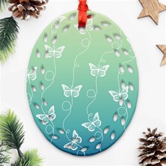 White Butterflies On Blue And Light Green Oval Filigree Ornament (two Sides) by SpinnyChairDesigns