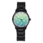 White Butterflies on Blue and Light Green Stainless Steel Round Watch Front