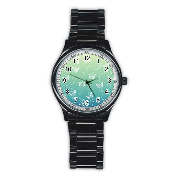 White Butterflies on Blue and Light Green Stainless Steel Round Watch