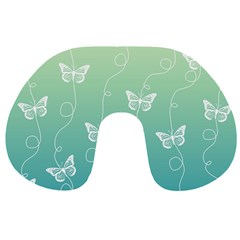 White Butterflies On Blue And Light Green Travel Neck Pillow by SpinnyChairDesigns