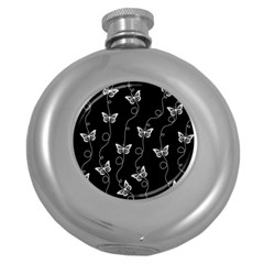 Black And White Butterfly Pattern Round Hip Flask (5 Oz) by SpinnyChairDesigns