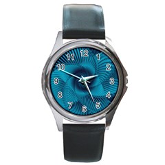 Cerulean Blue Pinwheel Floral Design Round Metal Watch