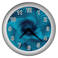 Cerulean Blue Pinwheel Floral Design Wall Clock (silver) by SpinnyChairDesigns