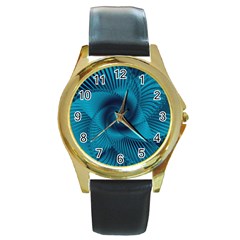 Cerulean Blue Pinwheel Floral Design Round Gold Metal Watch