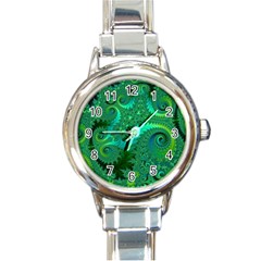 Green Floral Fern Swirls And Spirals Round Italian Charm Watch by SpinnyChairDesigns