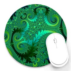 Green Floral Fern Swirls And Spirals Round Mousepads by SpinnyChairDesigns