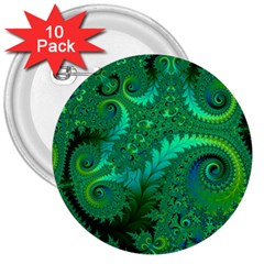 Green Floral Fern Swirls And Spirals 3  Buttons (10 Pack)  by SpinnyChairDesigns