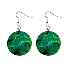 Green Floral Fern Swirls And Spirals Mini Button Earrings by SpinnyChairDesigns