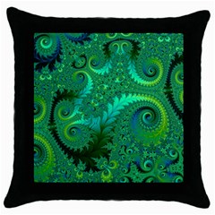 Green Floral Fern Swirls And Spirals Throw Pillow Case (black) by SpinnyChairDesigns