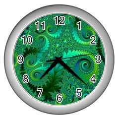 Green Floral Fern Swirls And Spirals Wall Clock (silver) by SpinnyChairDesigns