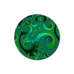 Green Floral Fern Swirls And Spirals Rubber Coaster (round)  by SpinnyChairDesigns