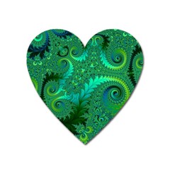 Green Floral Fern Swirls And Spirals Heart Magnet by SpinnyChairDesigns