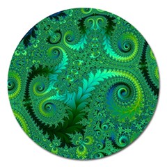 Green Floral Fern Swirls And Spirals Magnet 5  (round) by SpinnyChairDesigns