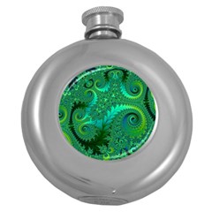 Green Floral Fern Swirls And Spirals Round Hip Flask (5 Oz) by SpinnyChairDesigns