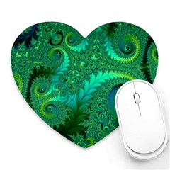 Green Floral Fern Swirls And Spirals Heart Mousepads by SpinnyChairDesigns