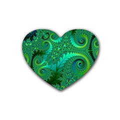 Green Floral Fern Swirls And Spirals Rubber Coaster (heart)  by SpinnyChairDesigns