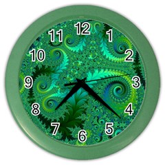 Green Floral Fern Swirls And Spirals Color Wall Clock by SpinnyChairDesigns