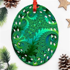 Green Floral Fern Swirls And Spirals Ornament (oval Filigree) by SpinnyChairDesigns