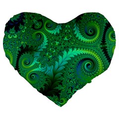 Green Floral Fern Swirls And Spirals Large 19  Premium Heart Shape Cushions by SpinnyChairDesigns