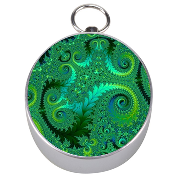 Green Floral Fern Swirls and Spirals Silver Compasses