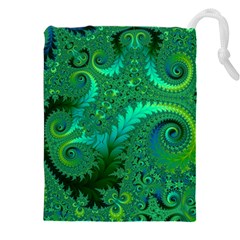 Green Floral Fern Swirls And Spirals Drawstring Pouch (4xl) by SpinnyChairDesigns