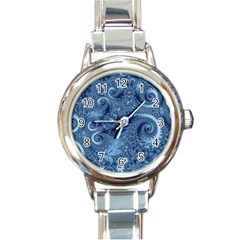 Blue Floral Fern Swirls And Spirals  Round Italian Charm Watch by SpinnyChairDesigns