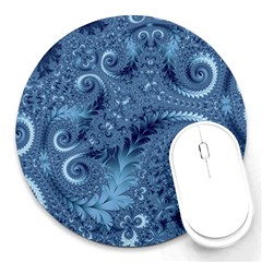 Blue Floral Fern Swirls And Spirals  Round Mousepads by SpinnyChairDesigns