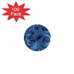 Blue Floral Fern Swirls And Spirals  1  Mini Buttons (100 Pack)  by SpinnyChairDesigns