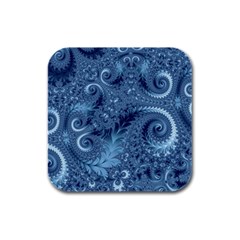 Blue Floral Fern Swirls And Spirals  Rubber Square Coaster (4 Pack)  by SpinnyChairDesigns